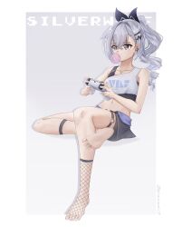Rule 34 | 1girl, absurdres, bare arms, bare shoulders, black ribbon, black tank top, blowing bubbles, character name, collarbone, commentary, controller, crop top, drill hair, feet, fishnets, game controller, grey eyes, grey hair, hair ornament, hair ribbon, hairclip, highres, holding, holding controller, holding game controller, honkai: star rail, honkai (series), long hair, midriff, navel, ponytail, ribbon, shirt, silver wolf (honkai: star rail), single-shoulder shirt, sitting, solo, stomach, tank top, thigh strap, white shirt, zeranium (zeranium17)