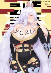 Rule 34 | 1girl, 2020, absurdres, animal ears, azur lane, bare shoulders, blush, breasts, cleavage, collarbone, feet out of frame, graf zeppelin (azur lane), highres, japanese clothes, kimono, large breasts, long hair, looking at viewer, looking to the side, mouse ears, nengajou, new year, open mouth, purple eyes, silver hair, silver tokki, simple background, solo, standing, very long hair