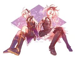 Rule 34 | 1girl, alternate hair length, alternate hairstyle, androgynous, arm warmers, black footwear, boots, character name, choker, cross-laced footwear, diamond (shape), dress, dual persona, flower (vocaloid), flower (vocaloid3), flower (vocaloid4), holding hands, hood, hoodie, knee boots, lace-up boots, mi no take, multicolored hair, purple dress, purple eyes, purple hair, purple theme, short hair, sleeveless, sleeveless hoodie, streaked hair, thighhighs, v4x, vest, vocaloid, white hair