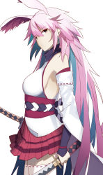 Rule 34 | 1girl, animal ears, bare shoulders, breasts, closed mouth, fox ears, highres, holding, holding sword, holding weapon, honkai (series), honkai impact 3rd, japanese clothes, katana, long hair, looking at viewer, looking back, miko, pink hair, pink skirt, purple eyes, sideboob, simple background, skirt, solo, sword, thighhighs, vic (vedream), weapon, white background, white sleeves, white thighhighs, yae sakura, yae sakura (gyakushinn miko)