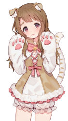 Rule 34 | 1girl, animal ear fluff, animal ears, animal hands, bell, bloomers, blush, bow, bowtie, brown eyes, brown hair, cowboy shot, dress, fur-trimmed dress, fur trim, gloves, hands up, highres, idolmaster, idolmaster million live!, jingle bell, long hair, looking at viewer, miyao miya, neck bell, parted lips, paw gloves, pink hair, shone, simple background, smile, solo, tail, underwear, white background
