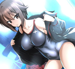 Rule 34 | 1girl, black jacket, black one-piece swimsuit, breasts, brown eyes, brown hair, collarbone, competition school swimsuit, covered navel, cowboy shot, girls und panzer, jacket, looking at viewer, medium breasts, nakahira guy, nishizumi maho, one-piece swimsuit, open clothes, parted lips, school swimsuit, school uniform, short hair, solo, swimsuit