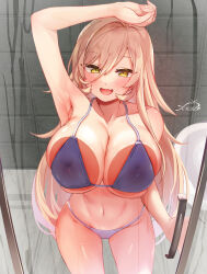 Rule 34 | 1girl, against glass, bathroom, bikini, blonde hair, blush, breast press, breasts, breasts on glass, covered erect nipples, fang, festa11307070, hair between eyes, hand on glass, large breasts, long hair, looking at viewer, nijisanji, nui sociere, open mouth, purple bikini, skin fang, solo, swimsuit, virtual youtuber, wet, yellow eyes