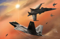 Rule 34 | ace combat, ace combat x, aerial battle, aircraft, airplane, alect squadron, bandai namco, battle, cloud, contrail, f-22, fighter jet, gryphus 1, jet, military, military vehicle, namco, no humans, s-32, sun, sunset, thompson (solowingfh)