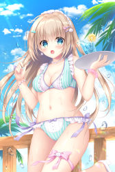 Rule 34 | 1girl, :o, bikini, blue eyes, blue sky, blush, bow, breasts, cleavage, cloud, cloudy sky, commentary request, cup, day, drink, drinking glass, fingernails, food, fruit, green bikini, hair between eyes, hair ornament, hairclip, hands up, high heels, highres, holding, holding tray, ice, ice cube, kohinata hoshimi, leg ribbon, lemon, lemon slice, light brown hair, long hair, maid headdress, medium breasts, navel, open mouth, original, outdoors, palm tree, pink bow, pink ribbon, railing, ribbon, shell hair ornament, sky, solo, standing, standing on one leg, starfish hair ornament, striped bikini, striped clothes, swimsuit, tray, tree, vertical-striped bikini, vertical-striped clothes, very long hair, water drop, wet, white footwear