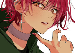 Rule 34 | 1boy, absurdres, androgynous, aoi ao, black shirt, brown eyes, choker, close-up, cross, cross earrings, dark skin, ear piercing, earrings, freckles, green jacket, hair between eyes, highres, jacket, jewelry, looking at viewer, looking to the side, male focus, nail polish, nose, nostrils, original, parted lips, piercing, red hair, red nails, shirt, short hair, simple background, single earring, solo, teeth, white background