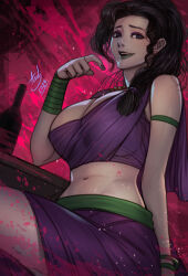 1girl asdj black_hair breasts character_request check_copyright copyright_request crop_top eyeshadow gold_necklace green_lips highres jewelry large_breasts makeup midriff navel necklace purple_eyeshadow purple_nails purple_shirt purple_skirt shirt sidelocks skirt solo thai_clothes