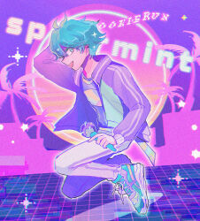 Rule 34 | 1boy, aqua eyes, aqua hair, blue hair, character name, commentary, cookie run, copyright name, from side, holding, holding microphone, humanization, looking at viewer, male focus, mamimumemo, microphone, palm tree, pants, personification, purple shirt, purple sweater, shirt, solo, spearmint cookie, sweater, tree, white pants