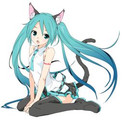 Rule 34 | 1girl, animal ears, aqua eyes, aqua hair, aqua necktie, bare shoulders, between legs, black skirt, black thighhighs, boots, cat ears, cat girl, collarbone, commentary, full body, hand between legs, hatsune miku, kemonomimi mode, long hair, looking to the side, miniskirt, necktie, open mouth, pleated skirt, shirt, shoulder tattoo, sitting, skirt, sleeveless, sleeveless shirt, solo, soukun s, tail, tattoo, thigh boots, thighhighs, twintails, very long hair, vocaloid, lat model (mikumikudance), wariza, white background, white shirt
