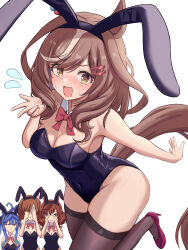 Rule 34 | 4girls, @ @, absurdres, animal ears, breasts, brown hair, cleavage, closed mouth, collarbone, commentary request, embarrassed, filkia, hair between eyes, hair ornament, highres, horse ears, horse girl, horse tail, ikuno dictus (umamusume), leg up, looking at viewer, matikane tannhauser (umamusume), medium breasts, medium hair, multiple girls, nice nature (umamusume), nontraditional playboy bunny, simple background, tail, thighhighs, twin turbo (umamusume), umamusume, wavy mouth, white background