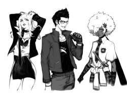 Rule 34 | 1boy, 2girls, afro, arms behind head, black hair, breasts, cleavage, clothes around waist, collared shirt, cowboy shot, dark-skinned female, dark skin, flower, glasses, gloves, greyscale, grin, hair flower, hair ornament, hair over one eye, hair slicked back, highres, jacket, katana, lace, lace gloves, long hair, long sleeves, looking at viewer, medium breasts, miniskirt, monochrome, multiple girls, necktie, no more heroes, pants, parted lips, pencil skirt, plaid, plaid necktie, plaid skirt, pointing, pointing at self, print shirt, school uniform, shinobu jacobs, shirt, short hair, short sleeves, sideburns, skirt, smile, sweater, sweater around waist, swept bangs, sword, sylvia christel, travis touchdown, weapon, white background, white hair, white shirt, zelus