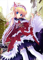 Rule 34 | 1girl, absurdres, blonde hair, blue eyes, copyright request, dress, female focus, frilled thighhighs, frills, hairband, highres, japanese clothes, lace, lolita fashion, nimura yuuji, ribbon, snow, solo, thighhighs, too many, wa lolita