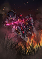 Rule 34 | assault visor, beam rifle, beam saber, blurry, clenched hand, daue, depth of field, earth federation, energy gun, fire, grass, gundam, gundam hathaway&#039;s flash, gustav karl, highres, holding, holding sword, holding weapon, looking down, mecha, mobile suit, night, no humans, outdoors, robot, science fiction, shield, signature, smoke, solo, standing, sword, weapon