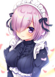 Rule 34 | 1girl, apron, blurry, blush, closed mouth, depth of field, fate/grand order, fate (series), frilled apron, frills, hair over one eye, juliet sleeves, long sleeves, maid, maid day, maid headdress, mash kyrielight, mitsuba choco, petals, puffy sleeves, purple eyes, purple hair, short hair, smile, solo, upper body