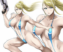 Rule 34 | 1girl, bare shoulders, blonde hair, blue eyes, blue one-piece swimsuit, blue slingshot swimsuit, breasts, commentary request, covered erect nipples, gun, holding, holding gun, holding weapon, large breasts, long hair, looking at viewer, metroid, mole, mole under mouth, muscular, muscular female, navel, nintendo, one-piece swimsuit, ponytail, samus aran, shibusun, simple background, slingshot swimsuit, sweat, swimsuit, weapon, white background, zoom layer