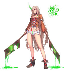 Rule 34 | 1girl, artist name, bad id, bad pixiv id, black panties, blonde hair, blood, bloody weapon, boots, breasts, choker, cleavage, cleaver, colored blood, corset, cropped jacket, dual wielding, green blood, hatchet, high heels, highres, holding, horns, jjune, large breasts, long hair, long sleeves, nata (tool), original, panties, short shorts, shorts, simple background, single horn, smile, solo, standing, string panties, underwear, very long hair, weapon, white background, white hair, white shorts