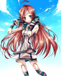 Rule 34 | 1girl, ahoge, android, bad id, bad pixiv id, belt, cloud, colored eyelashes, day, dress, eyelashes, female focus, gloves, headphones, headset, highres, joints, kneehighs, long hair, outdoors, red eyes, red hair, robot joints, sf-a2 miki, sky, smile, socks, solo, star (symbol), striped clothes, striped gloves, striped socks, striped thighhighs, thighhighs, tsukioka tsukiho, very long hair, vocaloid, wrist cuffs