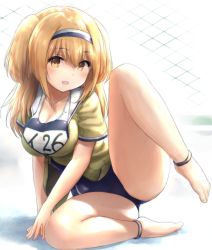 Rule 34 | 1girl, barefoot, blush, breasts, brown eyes, chain-link fence, cleavage, clothes writing, collarbone, commentary request, curvy, fence, full body, hairband, highres, i-26 (kancolle), kantai collection, large breasts, light brown hair, looking at viewer, name tag, new school swimsuit, one-piece swimsuit, open clothes, open mouth, plump, sailor collar, school swimsuit, short sleeves, smile, solo, spread legs, swimsuit, swimsuit under clothes, thighs, two-tone hairband, two side up, wamu (chartreuse)