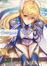 Rule 34 | 1girl, ahoge, arm support, armor, artist request, blonde hair, blue gloves, breasts, brooch, cape, closed mouth, copyright name, evertale, feet out of frame, fingerless gloves, flower, from above, garter straps, gloves, hair between eyes, hand up, highres, holding, holding flower, jewelry, kakage, long hair, long sleeves, looking at viewer, medium breasts, official art, rizette, shoulder armor, sitting, smile, solo, sword, thighhighs, watermark, weapon, yellow eyes