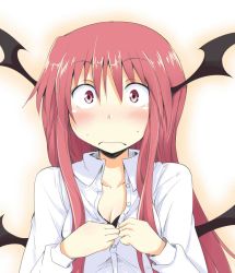 Rule 34 | 1girl, bat wings, black bra, blush, bra, breasts, chata maru (irori sabou), cleavage, collarbone, collared shirt, commentary request, dress shirt, embarrassed, frown, head wings, koakuma, long hair, looking at viewer, low wings, narrowed eyes, one-hour drawing challenge, red eyes, red hair, shirt, simple background, solo, surprised, touhou, underwear, undressing, wavy mouth, white background, white shirt, wide-eyed, wings