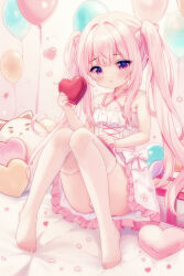 Rule 34 | 1girl, absurdres, balloon, bare arms, bare shoulders, box, breasts, copyright request, dress, frilled dress, frills, full body, heart-shaped box, highres, kinoshita ringo (ryve5758), long hair, no shoes, open mouth, pink eyes, pink hair, sitting, sleeveless, sleeveless dress, small breasts, solo, thighhighs, toes, twintails, white dress, white thighhighs