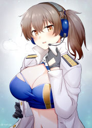 Rule 34 | 1girl, alternate costume, bandeau, black gloves, blue bandeau, breasts, breath, cleavage, commentary request, cosplay, epaulettes, gloves, gotland (kancolle), gotland (kancolle) (cosplay), gradient background, headphones, headset, jacket, jacket on shoulders, kaga (kancolle), kantai collection, large breasts, looking at viewer, microphone, military, military uniform, one-hour drawing challenge, race queen, rui shi (rayze ray), solo, uniform, upper body
