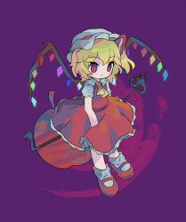 Rule 34 | 1girl, ascot, blonde hair, blush, chibi, closed mouth, crystal, expressionless, flandre scarlet, frilled shirt collar, frills, hat, highres, holding, holding weapon, laevatein (touhou), mary janes, mob cap, ngawa, one side up, puffy short sleeves, puffy sleeves, purple background, red eyes, red skirt, red vest, shoes, short hair, short sleeves, simple background, skirt, skirt set, solo, touhou, vest, weapon, wings, yellow ascot