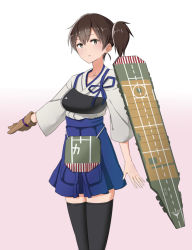 Rule 34 | 10s, brown eyes, brown hair, gloves, japanese clothes, kaga (kancolle), kantai collection, muneate, personification, short hair, side ponytail, single glove, skirt, solo, tanaken, thighhighs
