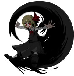 Rule 34 | 1girl, blonde hair, darkness, embodiment of scarlet devil, female focus, glowing, glowing eyes, outstretched arms, red eyes, ribbon, rumia, short hair, simple background, solo, spread arms, tori rui, touhou, waving, white background