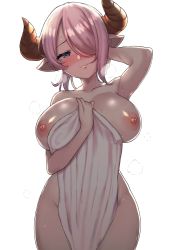 Rule 34 | 1girl, absurdres, arm behind head, arm up, armpits, bare shoulders, blush, breasts, collarbone, commentary request, covering privates, draph, granblue fantasy, gupunetsu, hair over one eye, head tilt, highres, holding, horns, large breasts, looking at viewer, naked towel, narmaya (granblue fantasy), nipples, nude cover, pink hair, pointy ears, purple eyes, shiny skin, short hair, simple background, smile, solo, steam, thighs, towel, water, water drop, wet