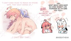 Rule 34 | 3girls, ahoge, animal ears, blue hair, breasts, cat ears, cellphone, commentary, completely nude, cuddling, earrings, english commentary, english text, flying sweatdrops, heart, highres, holding, holding phone, hololive, hoshimachi suisei, hug, hug from behind, jewelry, large breasts, long hair, medium hair, multiple girls, nervous sweating, niseathena, nude, on bed, open mouth, phone, pink hair, sakura miko, shirakami fubuki, sleeping, smartphone, sparkle, star (symbol), star earrings, sweat, trembling, twitter username, virtual youtuber, white hair, yuri