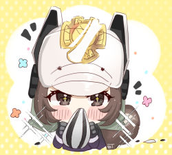 Rule 34 | + +, 1girl, animal ears, animal ears helmet, arknights, black gloves, black jacket, blue flower, blush stickers, brown eyes, brown flower, brown hair, commentary request, covered mouth, cropped torso, fake animal ears, fire helmet, firefighter jacket, flower, gloves, highres, holding, jacket, long sleeves, looking at viewer, pink flower, polka dot, polka dot background, retxoxt, seed, shaw (arknights), signature, solo, sparkle, squirrel ears, squirrel tail, sunflower seed, tail, two-tone background, upper body, white background, white headwear, yellow background