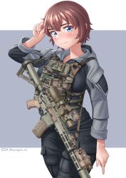 Rule 34 | 1girl, absurdres, ar-15, artist name, black jacket, black pants, blue eyes, blush, brown hair, cargo pants, closed mouth, cowboy shot, grey jacket, gun, gun sling, hand in own hair, harness, highres, jacket, kzm (sub-moa works), load bearing vest, long sleeves, looking at viewer, magazine (weapon), multicolored clothes, multicolored jacket, original, pants, red hair, rifle, scope, short hair, signature, simple background, smile, solo, standing, twitter username, two-tone jacket, weapon