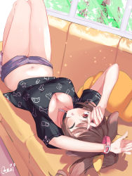 Rule 34 | 1girl, :o, absurdres, animal ears, blush, breasts, brown hair, cleavage, couch, dog ears, dog girl, highres, hololive, inugami korone, inugami korone (loungewear), knees up, large breasts, long hair, lying, midriff, navel, on back, one eye closed, open mouth, print shirt, reitou mkn, scoop neck, shirt, short shorts, short sleeves, shorts, socks, solo, virtual youtuber