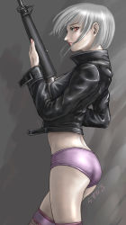 Rule 34 | 1girl, ass, gun, jacket, lace, lace-trimmed panties, lace trim, panties, purple panties, rasukaru, rifle, short hair, silver hair, solo, thighhighs, underwear, weapon