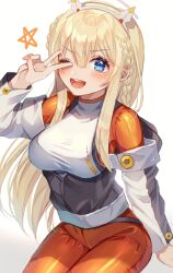 Rule 34 | 1girl, blonde hair, blue eyes, bodysuit, braid, breasts, goddess of victory: nikke, grey jacket, hair between eyes, headgear, highres, hood, hood down, hooded jacket, jacket, long hair, medium breasts, multicolored clothes, multicolored jacket, off-shoulder jacket, off shoulder, one eye closed, orange bodysuit, partially unzipped, shimada (smd dms), sidelocks, simple background, sitting, skin tight, solo, star (symbol), tove (nikke), two-tone jacket, v, v over eye, white background, white jacket