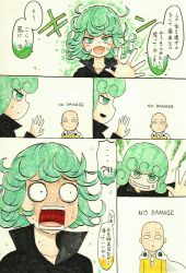 Rule 34 | 1boy, 1girl, absurdres, anger vein, bald, blush, bulging eyes, comic, enel, enel face (meme), english text, expressionless, eye pop, green eyes, green hair, highres, japanese text, jitome, looking at another, marker (medium), matching hair/eyes, mehonobu g, meme, one-punch man, one piece, open mouth, parody, psychic, saitama (one-punch man), simple background, sound effects, standing, surprised, sweat, sweatdrop, tatsumaki, teeth, traditional media, translated, white background