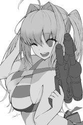 Rule 34 | 1girl, ahoge, bad id, bad twitter id, bikini, breasts, cleavage, fate/grand order, fate (series), greyscale, hair intakes, halterneck, holding, holding water gun, long hair, monochrome, nero claudius (fate), nero claudius (fate) (all), nero claudius (swimsuit caster) (fate), one eye closed, open mouth, ponytail, red ribbon, ribbon, simple background, smile, solo, striped bikini, striped clothes, swimsuit, water gun, white background
