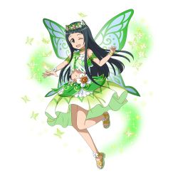 Rule 34 | 1girl, ;d, armlet, black eyes, black hair, bracelet, bug, butterfly, butterfly wings, collarbone, crop top, full body, green skirt, green wings, head wreath, highres, hime cut, insect, insect wings, jewelry, long hair, midriff, navel, necklace, one eye closed, open mouth, skirt, sleeveless, smile, solo, stomach, sword art online, transparent background, very long hair, wings, yui (sao)