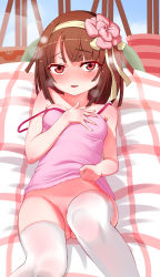 Rule 34 | 1girl, absurdres, blunt bangs, blush, breasts, brown eyes, brown hair, clothes lift, dress, dress lift, female focus, flower, hair flower, hair ornament, highres, lifting own clothes, looking at viewer, lying, monogatari (series), no panties, note2000, off shoulder, on back, pink dress, pussy, pussy peek, sengoku nadeko, small breasts, solo, thighhighs, white thighhighs
