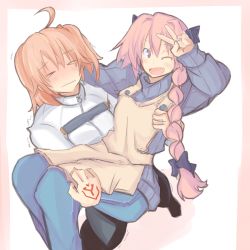 Rule 34 | &gt; &lt;, 1boy, 1girl, ahoge, apron, astolfo (fate), blush, braid, carrying, command spell, couple, closed eyes, fang, fate/apocrypha, fate/grand order, fate (series), fujimaru ritsuka (female), hair ornament, hair ribbon, hair scrunchie, hetero, jewelry, long hair, looking at viewer, odecchi, one eye closed, open mouth, orange hair, pantyhose, pink hair, princess carry, purple eyes, ribbon, ring, scrunchie, side ponytail, single braid, smile, trap, v, wedding band