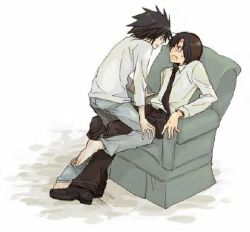 Rule 34 | 00s, barefoot, black hair, brown hair, chair, death note, formal, l (death note), lowres, matsuda touta, necktie, open mouth, sitting, straddling, suit, sweat