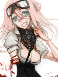 Rule 34 | 1girl, amputee, bandages, bandaid, bandaid on face, bandaid on nose, blood, blue eyes, borrowed character, breasts, cleavage cutout, clothing cutout, gas mask, goggles, goggles on head, grin, hair between eyes, highres, long hair, mask, pink hair, respirator, simple background, smile, solo, takagi, toro3, white background