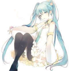 Rule 34 | 1girl, bare shoulders, black pantyhose, blue eyes, blue hair, breasts, collared shirt, commentary request, detached sleeves, flower, frilled skirt, frills, hair flower, hair ornament, hatsune miku, high heels, legs together, long hair, long sleeves, looking at viewer, lpip, necktie, pantyhose, pink flower, pink rose, rose, shirt, simple background, sitting, skirt, smile, solo, tongue, tongue out, twintails, very long hair, vocaloid, white background, white skirt, wide sleeves, wing collar