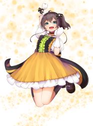 Rule 34 | 1girl, absurdres, ahoge, arm up, bad id, bad pixiv id, black socks, blue eyes, boots, bow, breasts, brown footwear, bubble background, choker, collar, dress, frilled collar, frills, full body, gloves, hair bow, highres, hololive, jumping, kneehighs, looking at viewer, lunch boxer, natsuiro matsuri, natsuiro matsuri (1st costume), open mouth, patterned background, puffy short sleeves, puffy sleeves, raised fist, short hair, short sleeves, side ponytail, small breasts, smile, socks, solo, thighs, virtual youtuber, white gloves, yellow dress