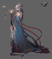 Rule 34 | 1girl, branch, bug, butterfly, cglange, dress, flower, full body, hair ornament, insect, long hair, no lineart, silver hair, simple background, solo, tattoo, very long hair, xian xia zhuan