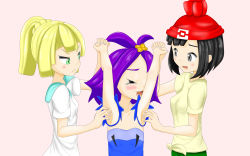 Rule 34 | 3girls, :3, acerola (pokemon), ahoge, arm up, armpits, arms up, artist request, beanie, black eyes, black hair, blonde hair, blue dress, blush, braid, breasts, closed eyes, collarbone, creatures (company), dress, female focus, flat chest, from side, game freak, green eyes, green shorts, hair ornament, hand up, hat, highres, holding hands, laughing, lillie (pokemon), looking down, multiple girls, nintendo, open mouth, pink background, pokemon, pokemon sm, ponytail, purple hair, red headwear, selene (pokemon), shirt, short hair, short sleeves, shorts, simple background, small breasts, smile, standing, tears, tickling, tied shirt, white shirt, yellow shirt