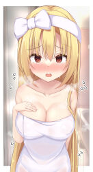 Rule 34 | 1girl, @ @, absurdres, after bathing, arihara nanami, bare arms, bare shoulders, bathroom, blonde hair, blush, bow, breast hold, breasts, cleavage, collarbone, commentary request, covered erect nipples, curvy, double-parted bangs, eyelashes, eyes visible through hair, flying sweatdrops, framed, full-face blush, groin, hair between eyes, hair bow, hair down, hair over shoulder, hairband, heart, highres, indoors, large breasts, long hair, naked towel, open mouth, paid reward available, red eyes, riddle joker, shiny skin, sidelocks, solo, steam, straight-on, straight hair, towel, upper body, variant set, very long hair, water drop, wavy mouth, wet, white bow, white hairband, white towel, yosh1na