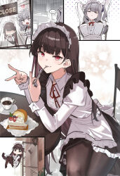 Rule 34 | 2girls, 7gao, :3, apron, black thighhighs, brown hair, cafe, cake, coffee cup, comic, cup, disposable cup, dress, food, highres, holding, holding spoon, long hair, long sleeves, maid, maid apron, maid headdress, multiple girls, multiple views, neck ribbon, original, red eyes, red ribbon, ribbon, sitting sideways, solo focus, spoon, strawberry shortcake, thighhighs, utensil in mouth, v, white dress