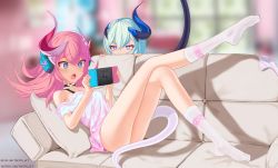 Rule 34 | 2girls, :o, ass, bare shoulders, blue eyes, blurry, blurry background, blush, breasts, commentary, couch, curled horns, depth of field, english commentary, fang, from side, green hair, hair between eyes, heart, heart panties, heart print, highres, holding, honkai (series), honkai impact 3rd, horns, knee up, liliya olenyeva, long hair, multiple girls, nintendo switch, no shoes, off-shoulder shirt, off shoulder, on couch, open mouth, panties, pillow, pink hair, pink shirt, print panties, print shirt, purple eyes, rozaliya olenyeva, shadow, shirt, short sleeves, single horn, small breasts, socks, striped clothes, striped panties, tail raised, tears, thick eyebrows, torofu, underwear, unworn panties, watermark, web address, white legwear